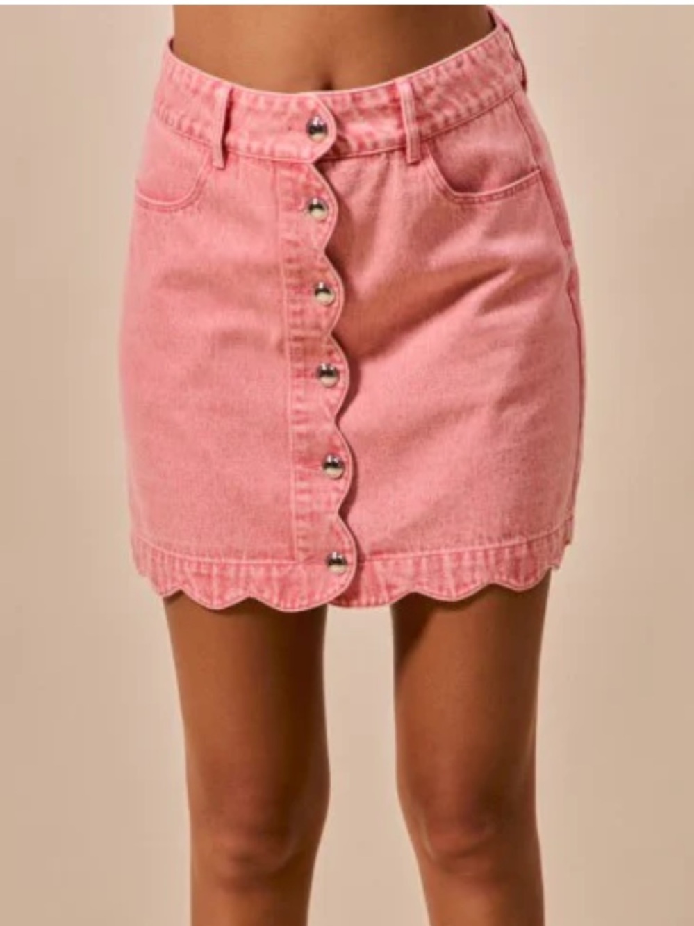 Pink Scalloped Button-Front Denim Skirt